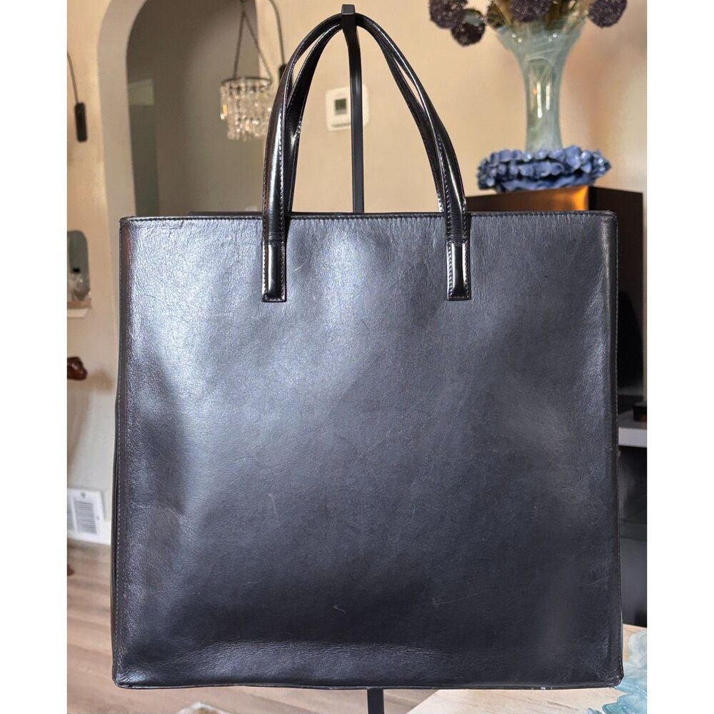 Vintage Ralph Lauren Structured Black Leather Slim Leather Shoulder Tote